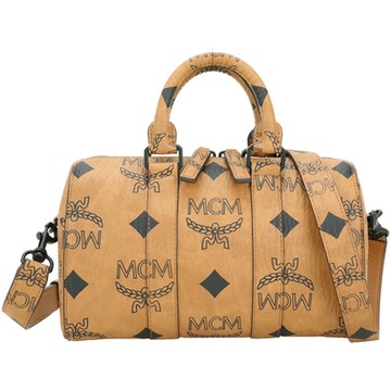 MCM AREN MAXI VISETOS 小款 經典老花皮革手提/肩背波士頓包(棕色)