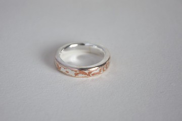 手工製作銀+銅木目金木紋金Mokume gane鑲銀戒指