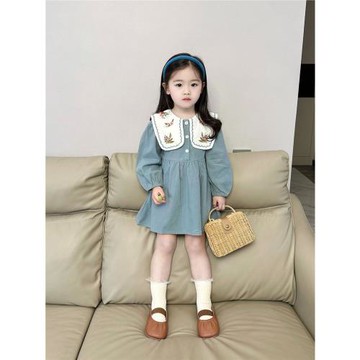 女童秋裝連衣裙新款韓版兒童洋氣大翻領長袖公主裙刺繡森系女寶寶