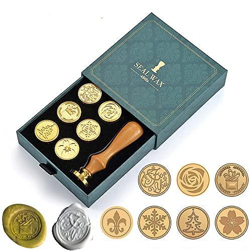 シーリングワックス ヘッド |Flower Wax Seal Stamp Kit, 7pcs Copper Wax Stamps Wooden Han