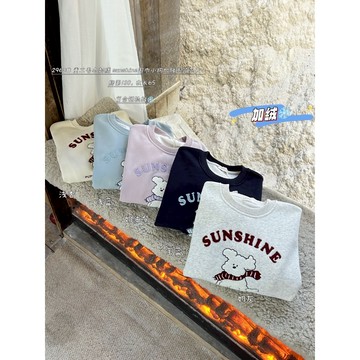 【太妮絲SL07】現貨 韓系 小狗圖案上衣 大學t 刷毛 保暖 長袖上衣 刺繡 加絨 厚款 衛衣 保暖寬鬆 冬季 奶灰色