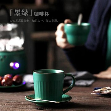 澗影  中式復古陶瓷咖啡杯帶碟勺仿古陶瓷情侶套裝泡茶花茶奶茶杯