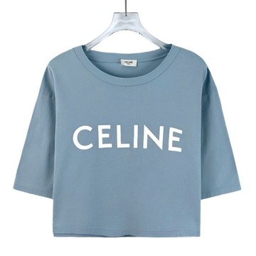 (L) celine質感修身短版棉質logo字母藍色短袖上衣