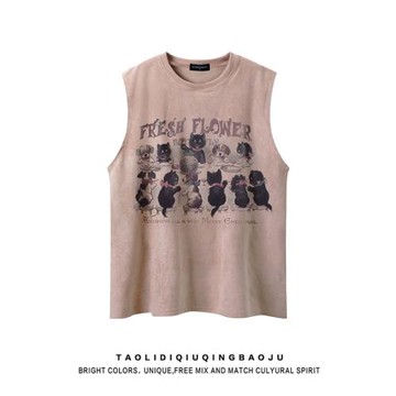 逃離地球美式復古貓咪無袖T恤女潮牌寬松休閑情侶麂皮絨背心上衣