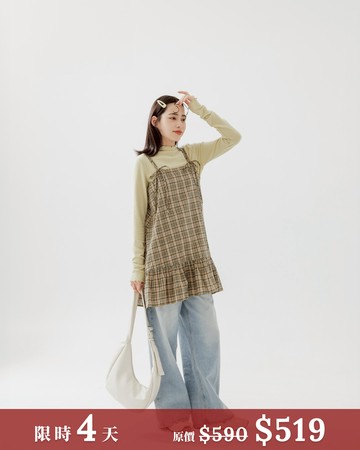 質感格紋蝴蝶結綁帶短洋裝-黃綠