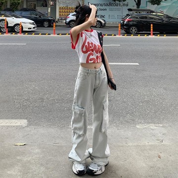 美式復古寬鬆闊腿褲口袋工裝褲垂感潮流直筒牛仔褲女&長褲加長