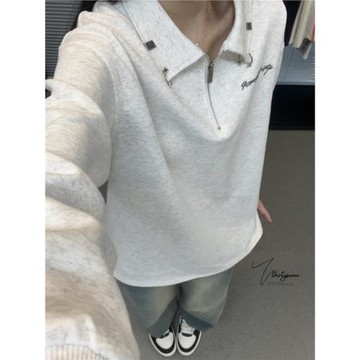 V37美式刺繡翻領POLO衫男秋季潮牌設計感半拉鏈衛衣高街百搭上衣