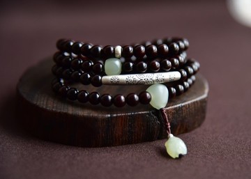 【鳴夏】天然印度小葉紫檀滿金星108顆和田玉配飾佛珠念珠手鏈