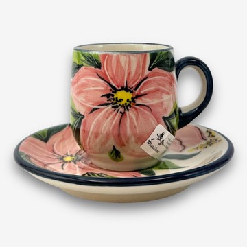 波蘭手繪手工陶-濃縮杯盤組 100ML 粉色杏花系列 設計師款