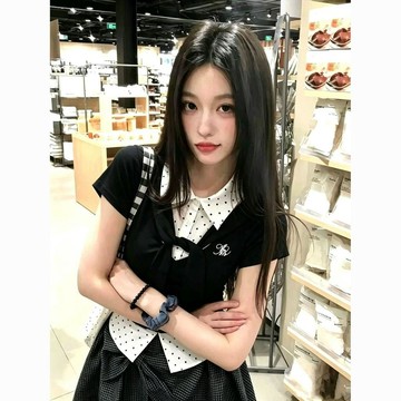 【修身學院風】女裝 美式 波點 假兩件 POLO領 短袖 T恤 夏季 設計感 小眾 上衣 潮 短袖上衣