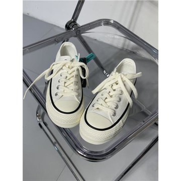 2025春季新款ins潮韓版黑邊白色帆布鞋女低幫厚底休閑鞋增高板鞋