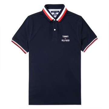 Tommy Hilfiger 熱銷刺繡領滾邊文字Logo短袖Polo衫(CUSTOM FIT)-深藍色
