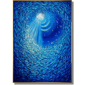 帆布抽象魚畫原創海洋藝術品藍色紋理牆藝術