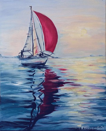 猩紅色帆船原創繪畫浪漫海景牆壁藝術青少年房間裝飾