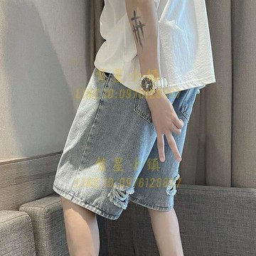 破洞牛仔短褲男復古直筒中褲夏季薄款潮牌寬慫百搭五分褲【繁星小鎮】