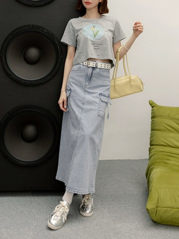 率性工裝大口袋後開衩牛仔裙