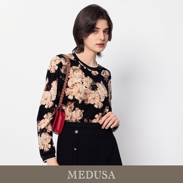 現貨【MEDUSA 曼度莎】絨面金字花朵休閒上衣（M-2L）｜女休閒上衣 女長袖上衣