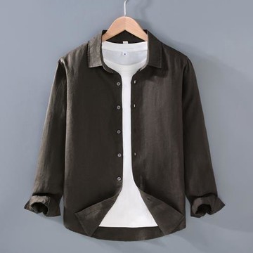 9605高級感純亞麻男士襯衫春夏季休閑翻領襯衣大碼寬松百搭衣服潮