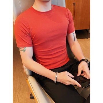 紅色短袖男t恤男士衣服純色2025新款打底衫緊身健身運動彈力上衣