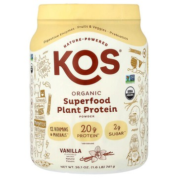 KOS, 有機 Superfood 植物蛋白質粉，香草味，1.6 磅（741 克）