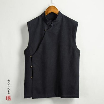 秋冬季加厚加絨馬甲中國風男裝坎肩斜襟居盤扣士服冬暖保無袖外套