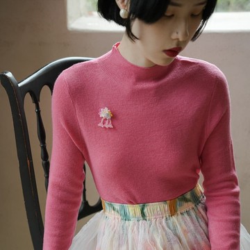 少女粉 復古高領內搭毛衣 套頭修身針織衫 精紡客製紗線 細膩柔軟