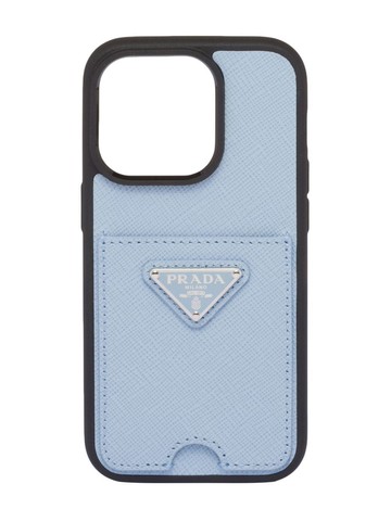 Prada - triangle-logo iPhone 14 Pro case - women - Leather - One Size - Blue