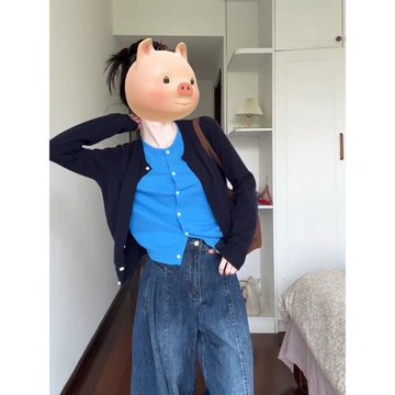 歐貨獨特別致藍色假兩件針織開衫女春秋撞色拼接毛衣外套洋氣上衣