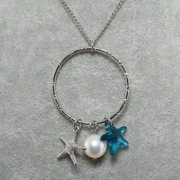 藍綠色海星 Swarovski 水晶 白色珍珠 海洋吊墜項鍊 飾品