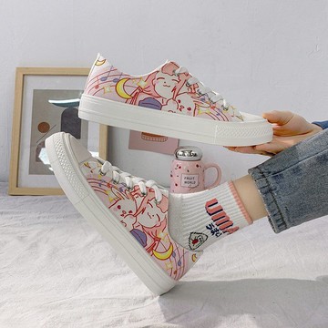 日系甜美可愛女孩帆布鞋女低幫學生百搭軟妹板鞋二次元少女手繪鞋