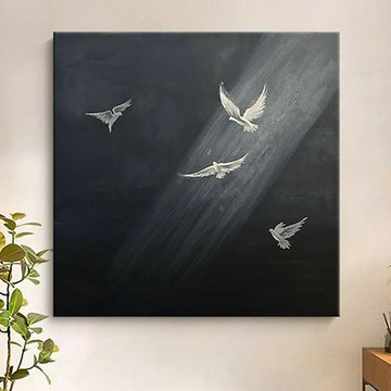 【含稅/免運】 手繪油畫侘寂風黑白藝術客廳餐廳裝飾畫小眾白鴿動物走廊玄關掛畫