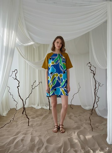 Floral Blue leaf cotton rayon dress colorful summer loose