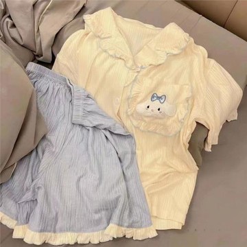 ins可愛甜美睡衣少女夏季短袖短褲純棉花邊學生大耳狗家居服套裝