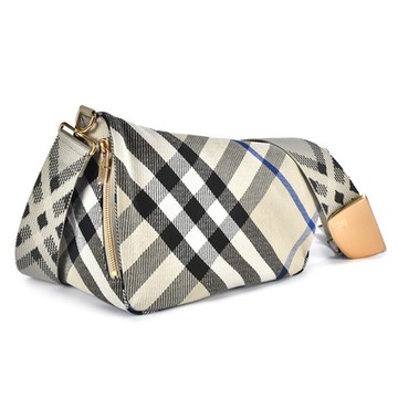 BURBERRY 巴寶莉  Shield 經典格紋棉質帆布盾牌斜背包(中型)-米白/藍色