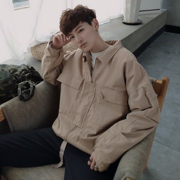 FINDSENSE品牌 韓國 時尚 潮 男 秋冬 寬鬆 休閒 拉鏈 印花 運氣上升 拼接連帽外套 夾克