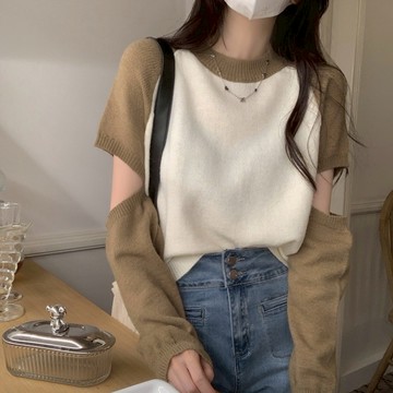 韓版實拍新款顯瘦露肩設計棒球接袖長袖毛衣上衣(3色)-凱西娃娃