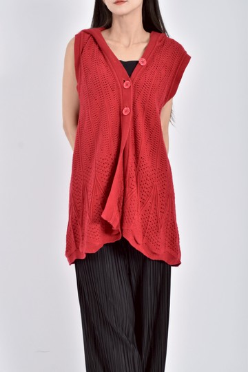 (M) 針織連帽背心紅色上衣