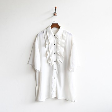 【蛋植物古著】遠景壓褶荷葉短袖古著襯衫
