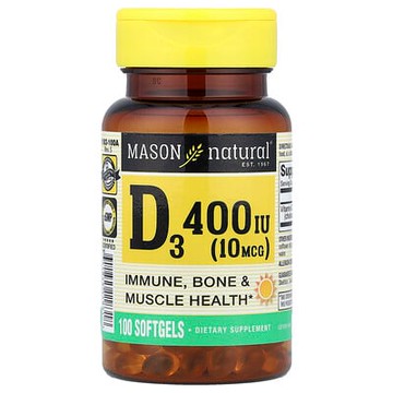 Mason Natural, 維生素 D3，10 微克 (400 國際單位)，100 粒軟凝膠