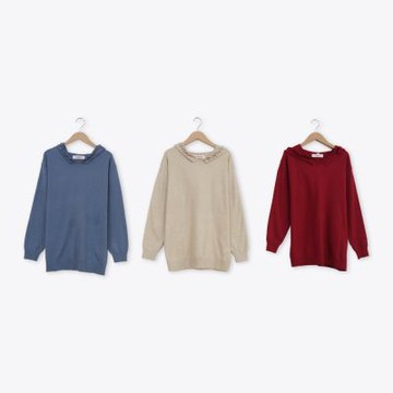 【CUMAR】可鹽可甜荷葉邊連帽休閒長版針織上衣 藍 紅 卡(魅力商品)