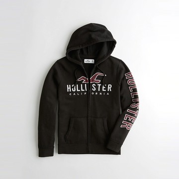 Hollister 海鷗 經典刺繡大海鷗文字連帽外套-黑色