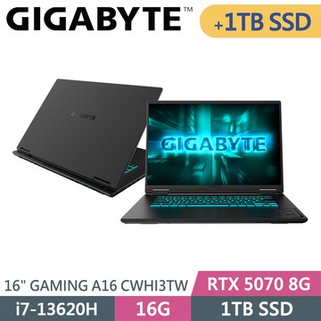 技嘉 GAMING A16 CWHI3TW894SH-SP4 黑(i7-13620H/16G/1TB+1TB/RTX5070 8G/W11/16)特仕筆電