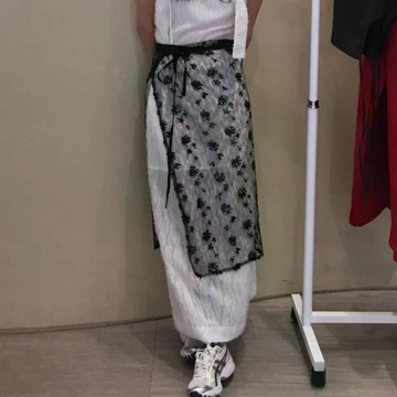 裙子 早秋新款小個子時尚洋氣顯瘦百搭疊穿圍裙黑色蕾絲網紗半身裙