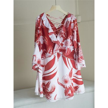 時裝款 色丁料 高飽和色 前后V領 女裝 吊鐘袖 七分袖連衣裙 短裙