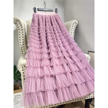 2024年秋季新款多層網紗拼接蛋糕裙a字長款高腰顯瘦大擺半身裙女