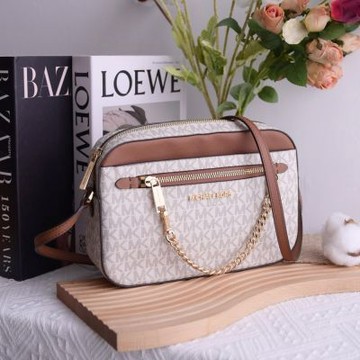 MICHAEL KORS JET SET 經典MK印花拼接拉鍊斜背方包(白/咖)