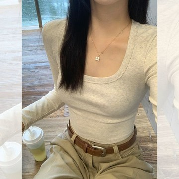 AKARA 纯棉40支210g92%棉8%狄綸不變形好穿大方領上衣(保暖鎖溫/女裝內搭打底/舒適穿搭)