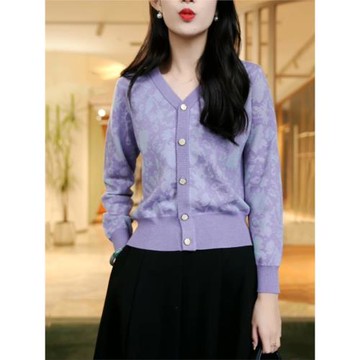 紫色長袖針織衫女開衫V領毛衣2025秋冬時尚洋氣大碼女裝上衣女dm