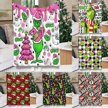 2025最新圣誕節格林奇毛毯 家居裝飾毯子 超柔軟法蘭絨聚酯毛毯