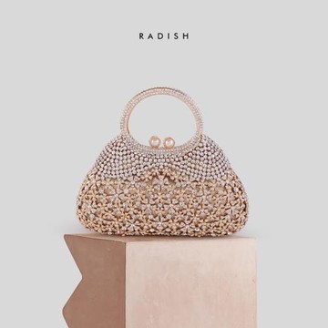 RADISH設計日系潮鏤空年會禮服鑲鉆小花大容量磁扣手提包女時尚